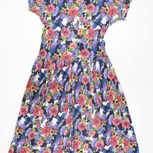Casual Club Womens Multicoloured Floral Cotton A-Line Size 16 V-Neck Button