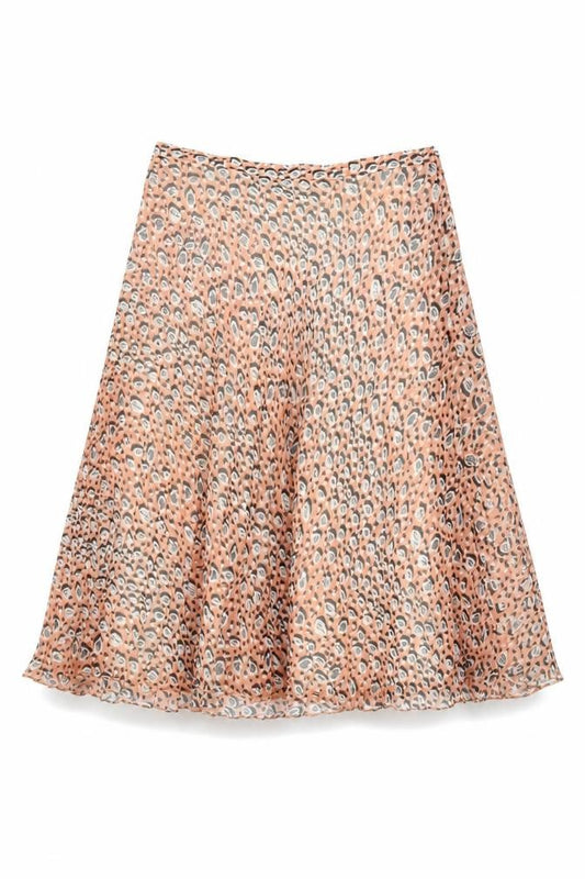 Front view of Marks & Spencer women’s pink geometric polyester swing skirt, size UK 10, zip