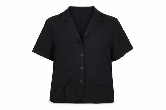 Front view of Lakeland women’s black viscose basic button-up, size UK 16, v-neck