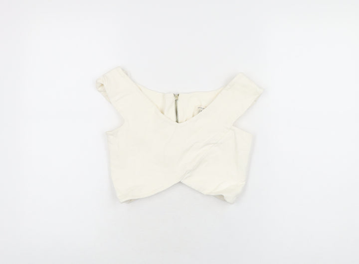 River Island Womens Ivory Viscose Cropped T-Shirt Size 8 V-Neck