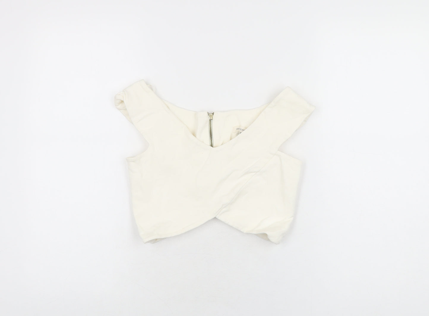 River Island Womens Ivory Viscose Cropped T-Shirt Size 8 V-Neck