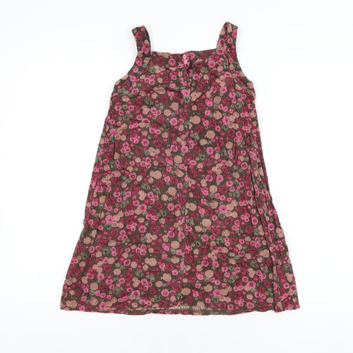 M Girls Brown Floral Cotton Pinafore/Dungaree Dress Size 7-8 Years Square Neck Button