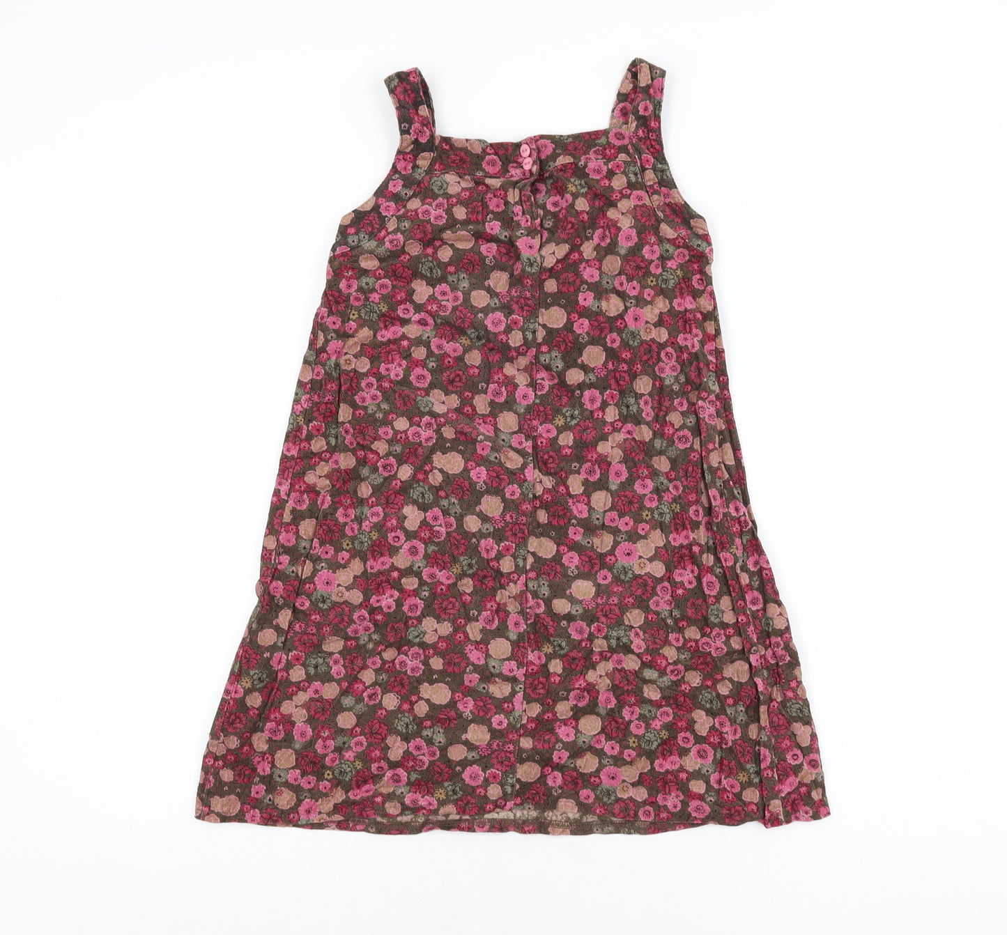 M Girls Brown Floral Cotton Pinafore/Dungaree Dress Size 7-8 Years Square Neck Button