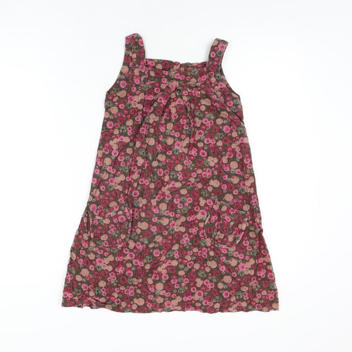 M Girls Brown Floral Cotton Pinafore/Dungaree Dress Size 7-8 Years Square Neck Button