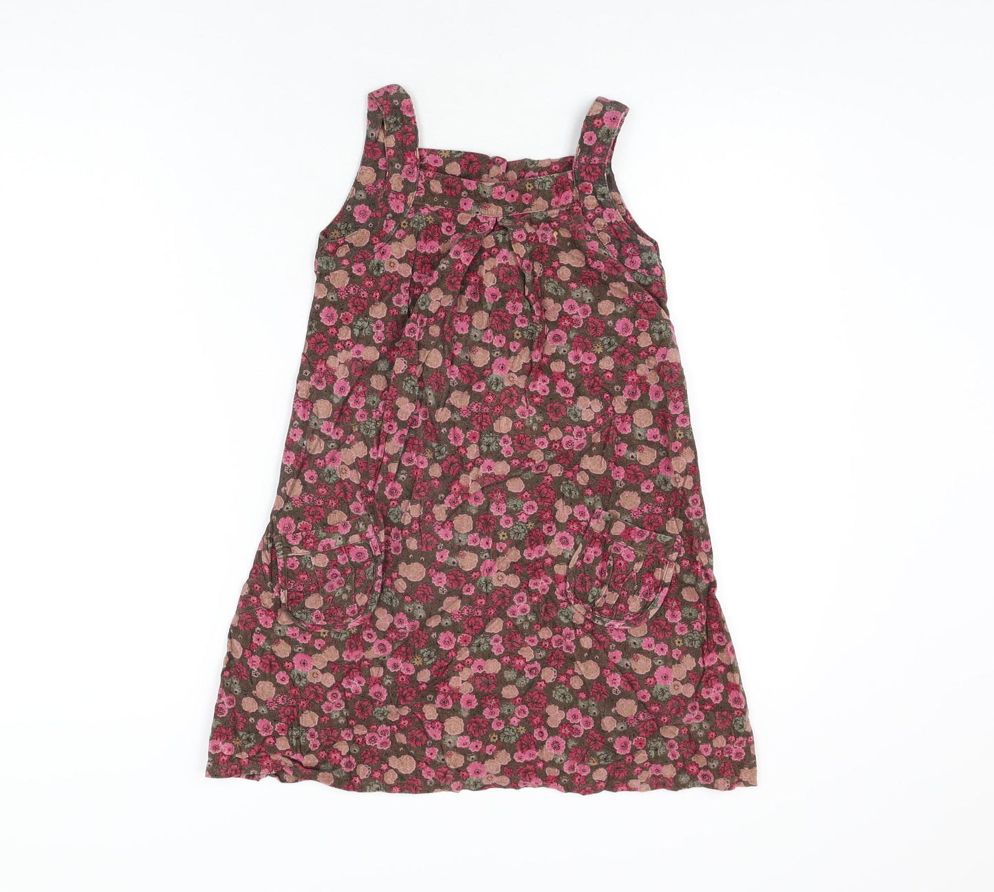 M Girls Brown Floral Cotton Pinafore/Dungaree Dress Size 7-8 Years Square Neck Button