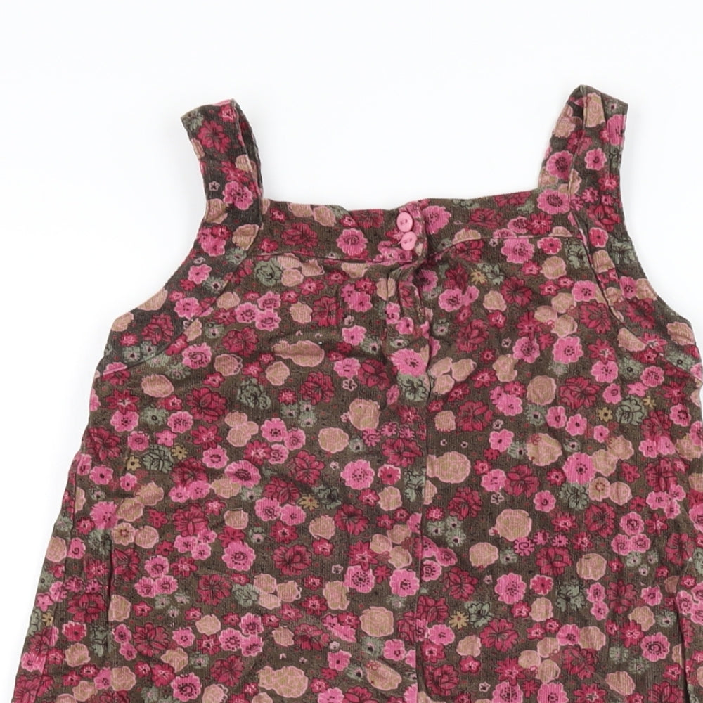 M Girls Brown Floral Cotton Pinafore/Dungaree Dress Size 7-8 Years Square Neck Button