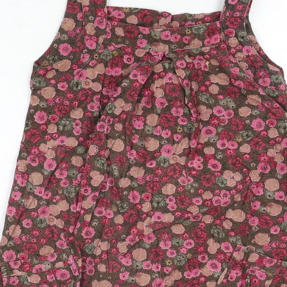 M Girls Brown Floral Cotton Pinafore/Dungaree Dress Size 7-8 Years Square Neck Button