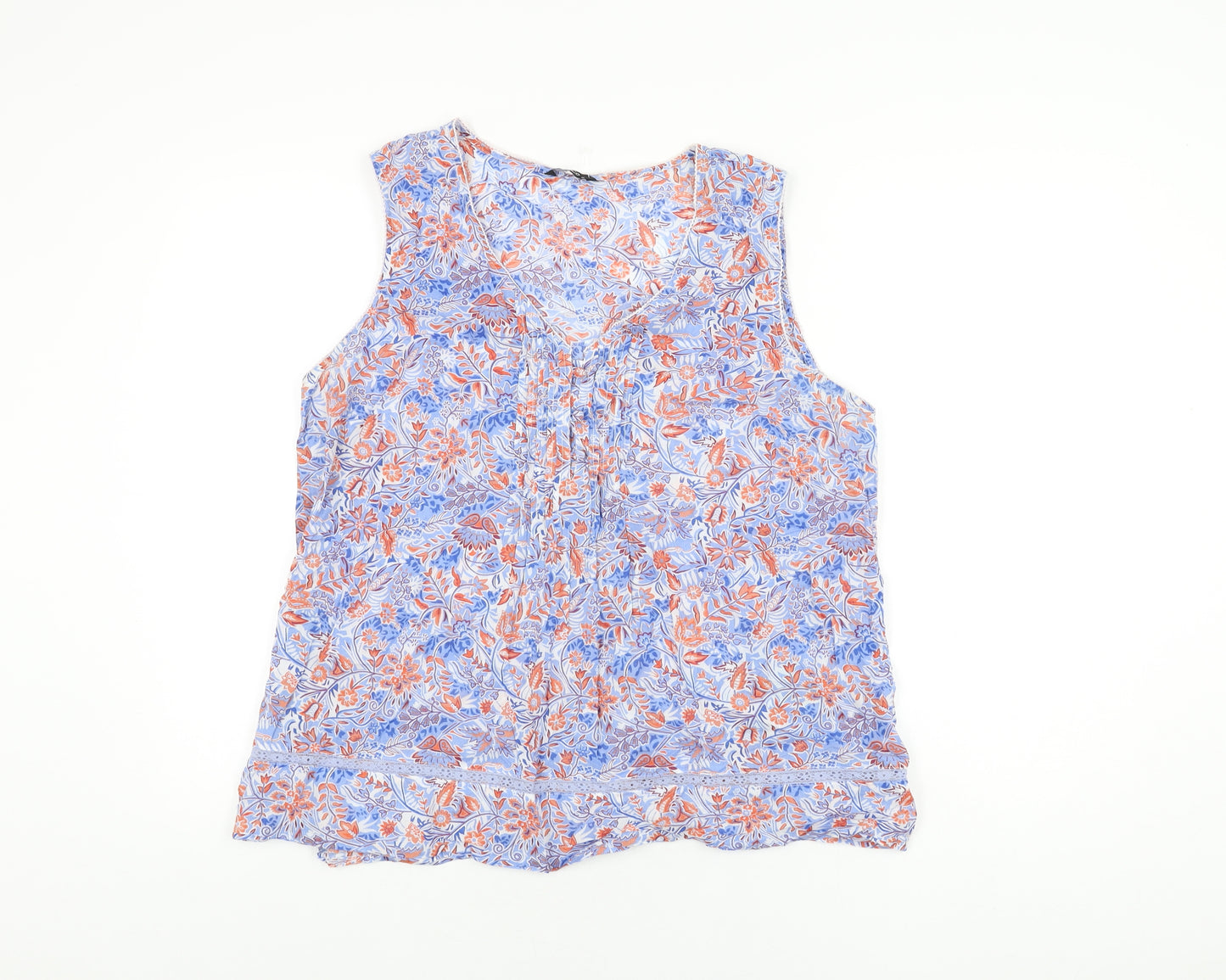 M&Co Womens Blue Floral Cotton Basic T-Shirt Size 16 V-Neck