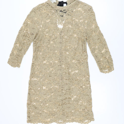 Monsoon Womens Brown Floral Polyester Shift Size 14 Round Neck Zip