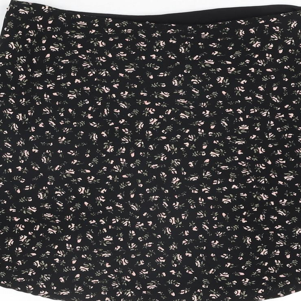 H&M Womens Black Floral Polyester Mini Skirt Size 8 Zip