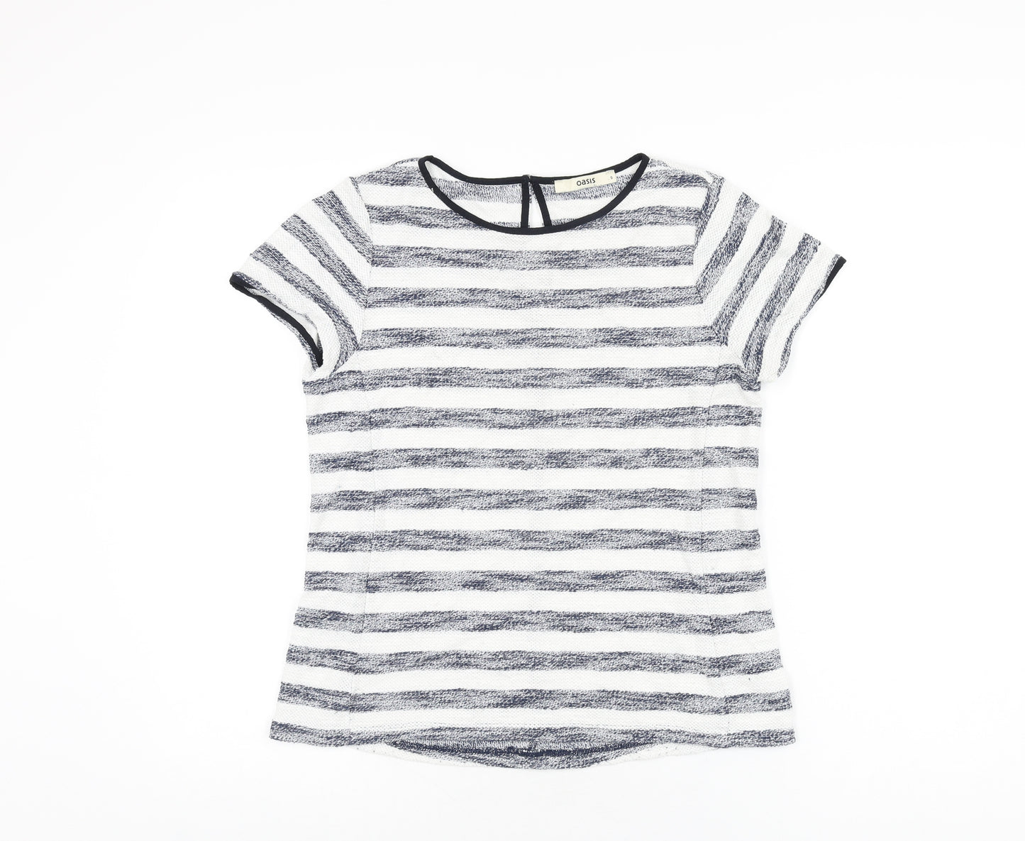 Oasis Womens White Striped Cotton Basic T-Shirt Size S Round Neck