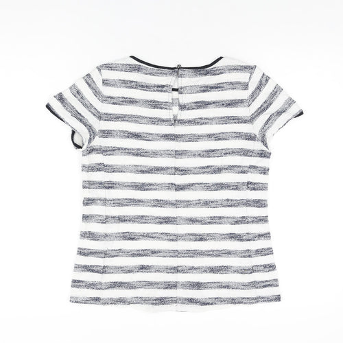 Oasis Womens White Striped Cotton Basic T-Shirt Size S Round Neck