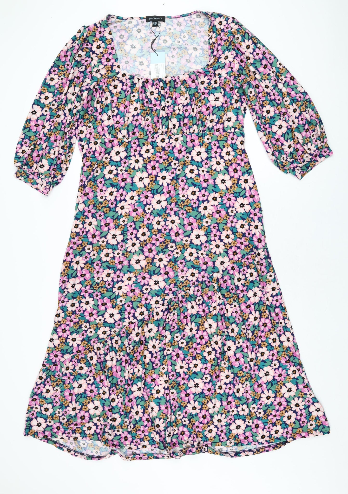 Blue Vanilla Womens Multicoloured Floral Polyester A-Line Size 16 Square Neck Pullover