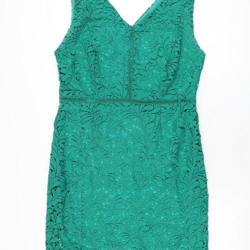 M&Co Womens Green Floral Polyester Bodycon Size 16 V-Neck Zip