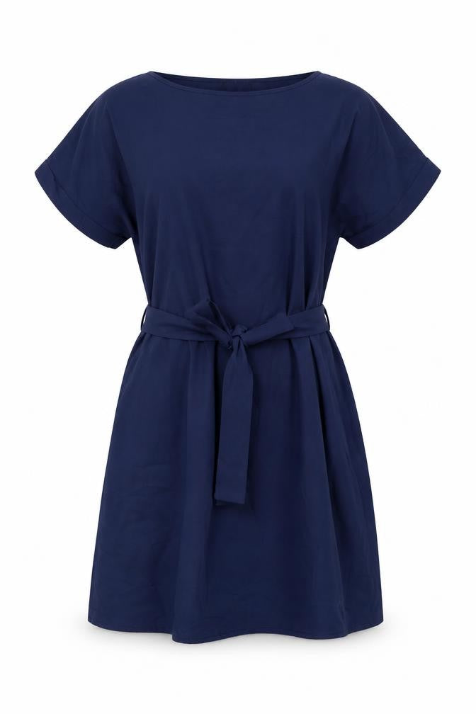 Front view of CNFIO women’s blue polyester a-line, size L, boat neck pullover