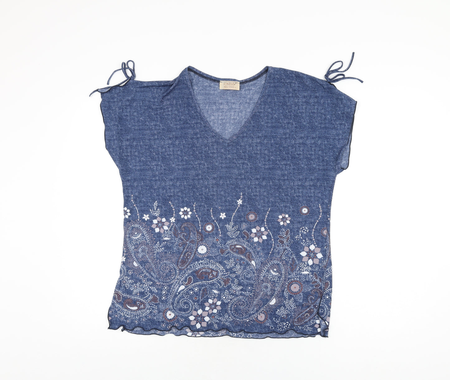 Cindrela Womens Blue Floral Polyester Basic T-Shirt Size L V-Neck