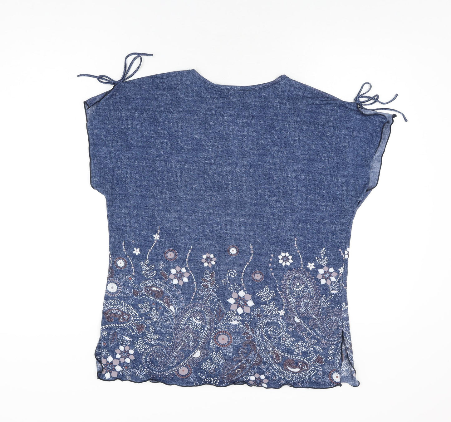 Cindrela Womens Blue Floral Polyester Basic T-Shirt Size L V-Neck