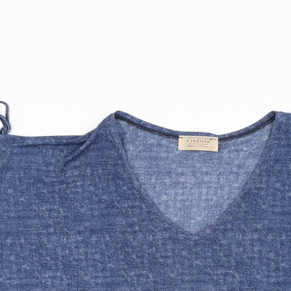 Cindrela Womens Blue Floral Polyester Basic T-Shirt Size L V-Neck