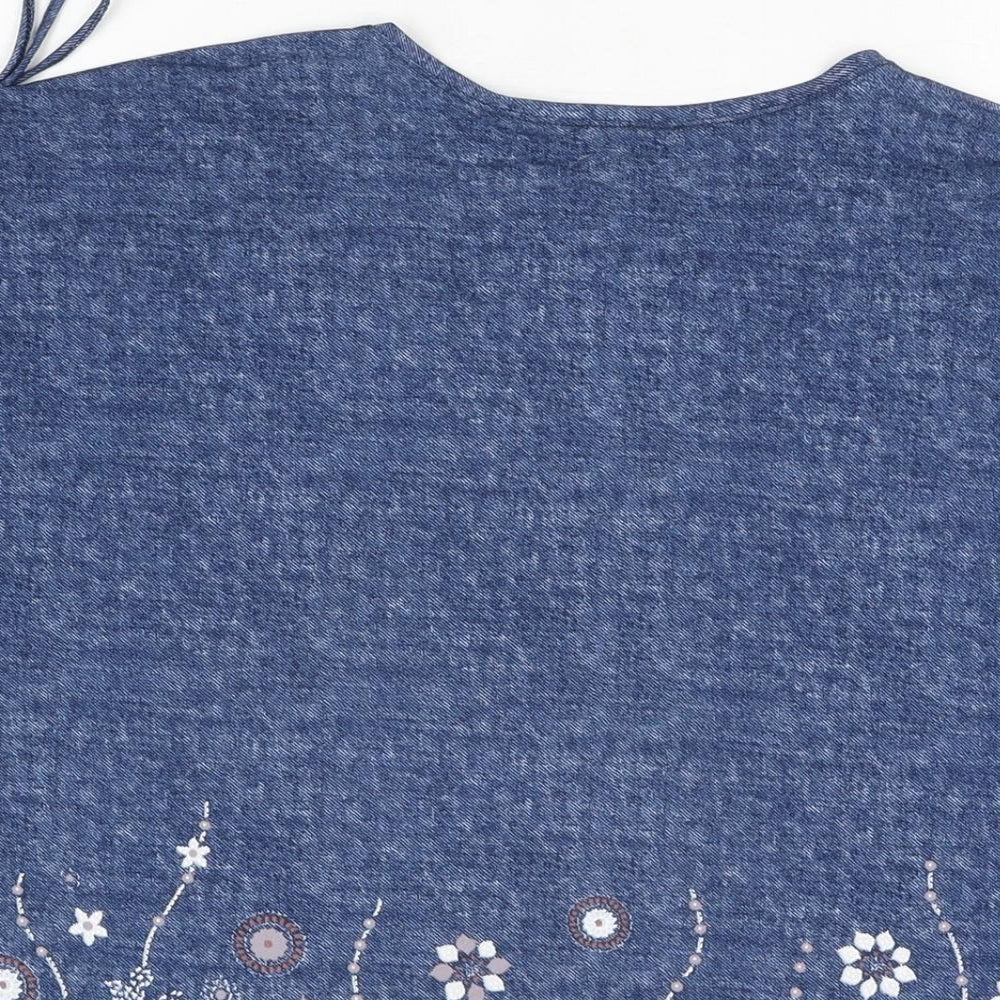 Cindrela Womens Blue Floral Polyester Basic T-Shirt Size L V-Neck