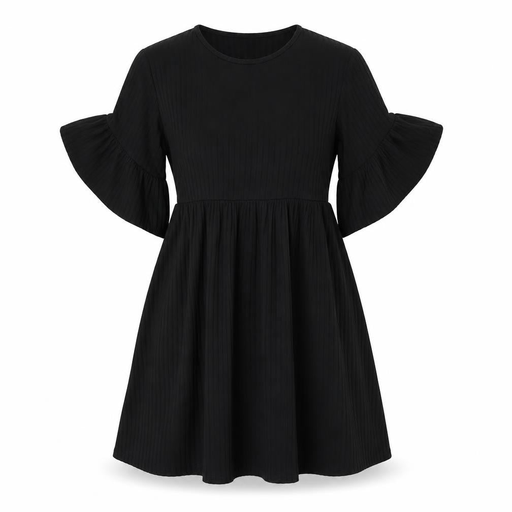 Front view of Boohoo women’s black polyester skater dress, size UK 6, round neck pullover