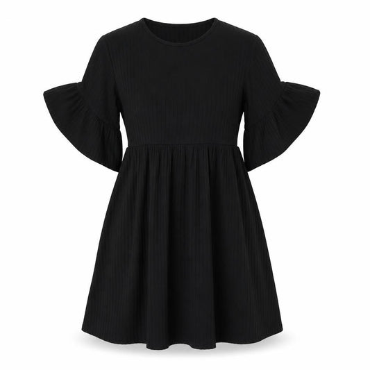 Front view of Boohoo women’s black polyester skater dress, size UK 6, round neck pullover