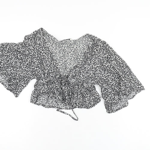 Pull&Bear Womens Black Floral Viscose Cropped T-Shirt Size XS V-Neck