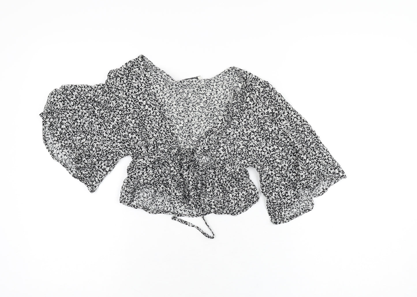 Pull&Bear Womens Black Floral Viscose Cropped T-Shirt Size XS V-Neck