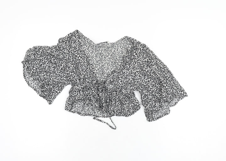 Pull&Bear Womens Black Floral Viscose Cropped T-Shirt Size XS V-Neck