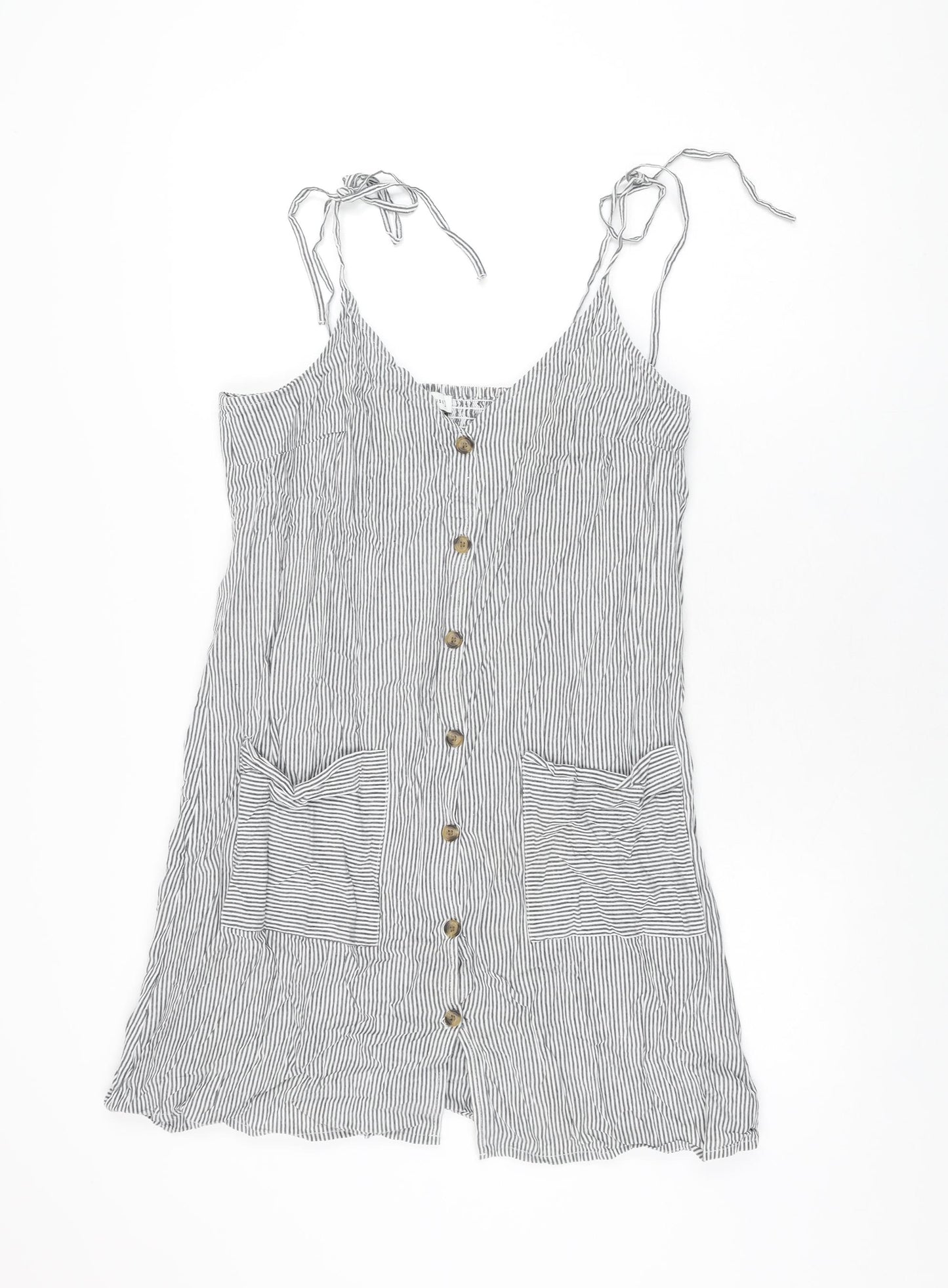 Warehouse Womens Grey Striped Cotton Mini Size 12 V-Neck Button