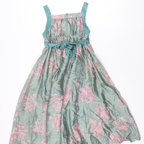 Monsoon Girls Blue Floral Silk Maxi Size 9-10 Years Scoop Neck Tie