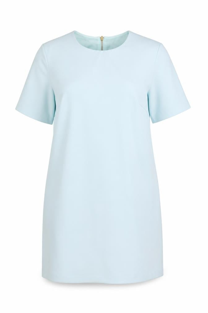 Front view of Dorothy Perkins women’s blue polyester shift, size UK 16, round neck zip