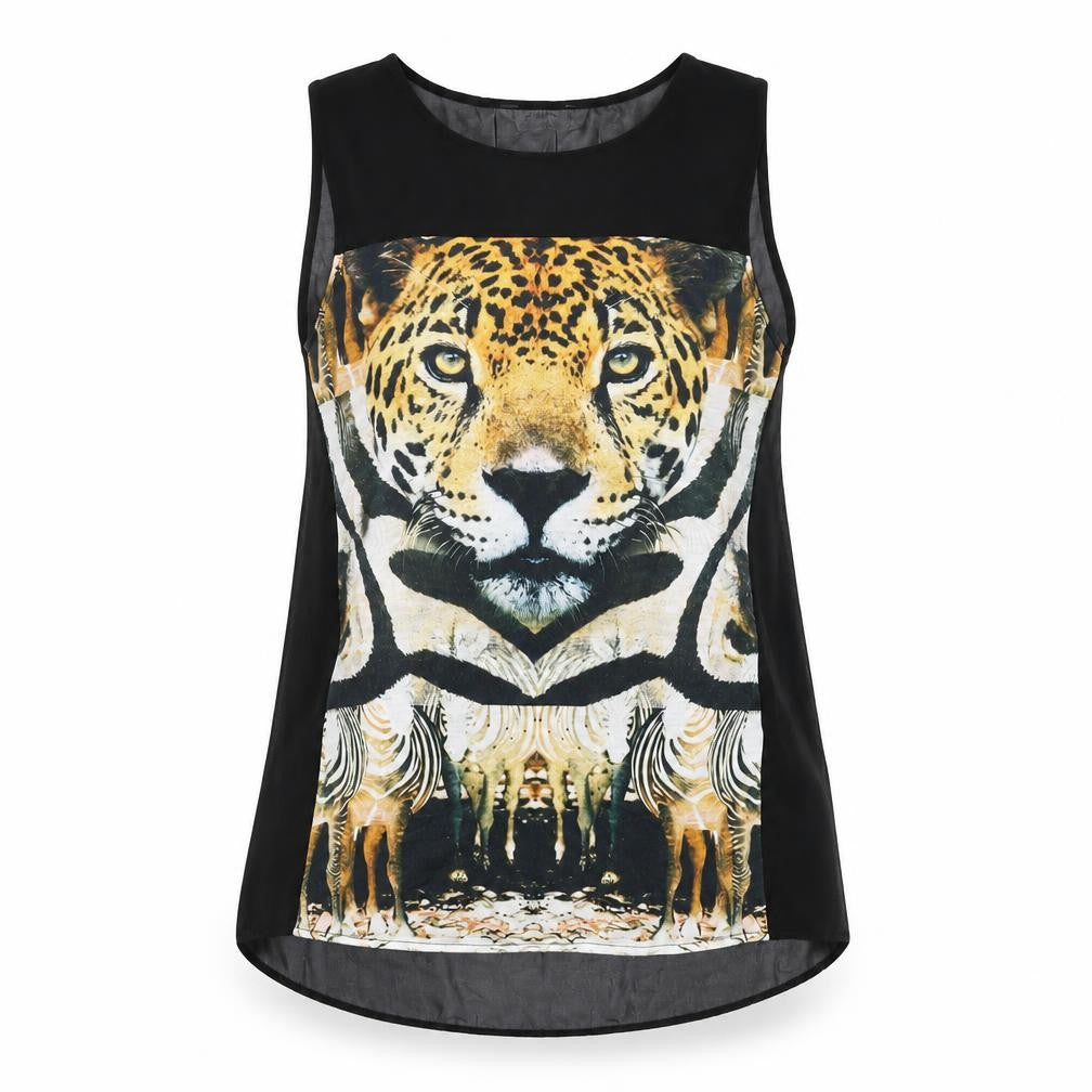 Front view of Miss Selfridge women’s black polyester basic t-shirt, size UK 4, round neck - tiger