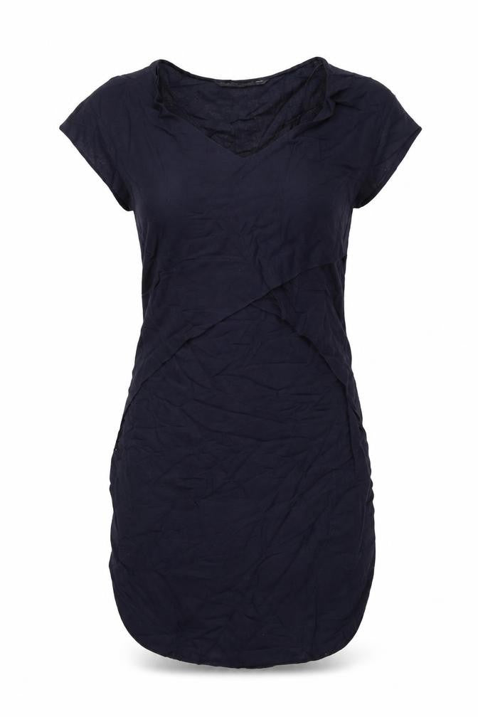 Front view of Zara women’s blue viscose basic t-shirt, size S, v-neck