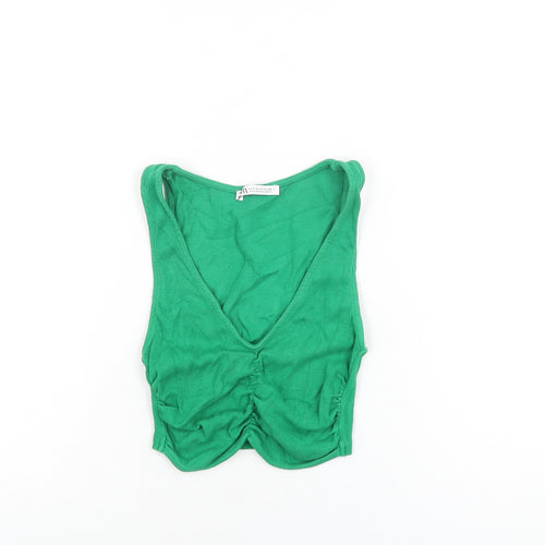 Zara Womens Green Polyester Cropped T-Shirt Size S V-Neck