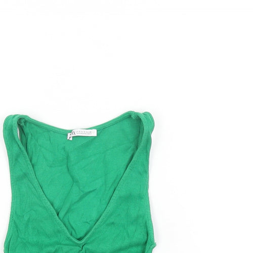Zara Womens Green Polyester Cropped T-Shirt Size S V-Neck