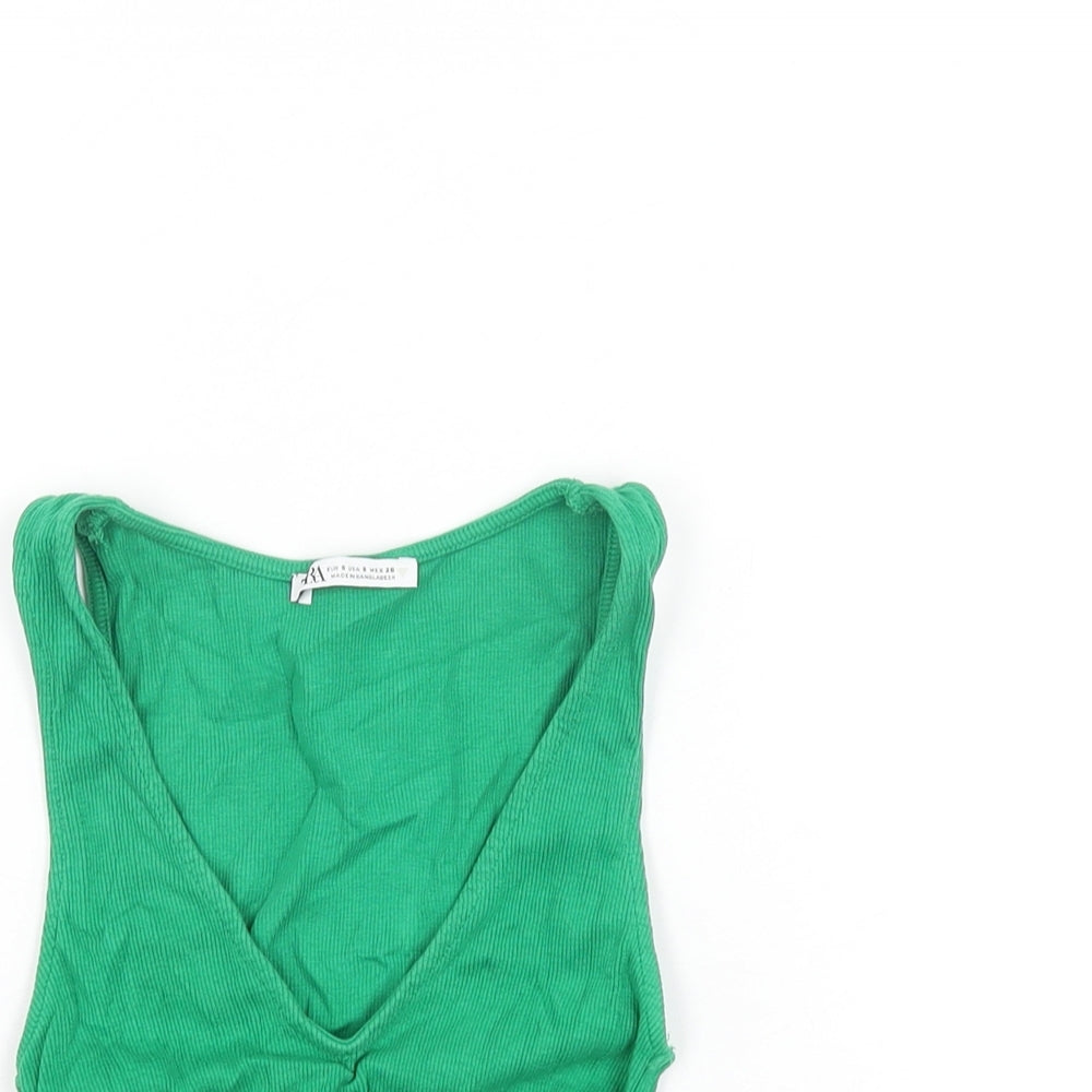 Zara Womens Green Polyester Cropped T-Shirt Size S V-Neck