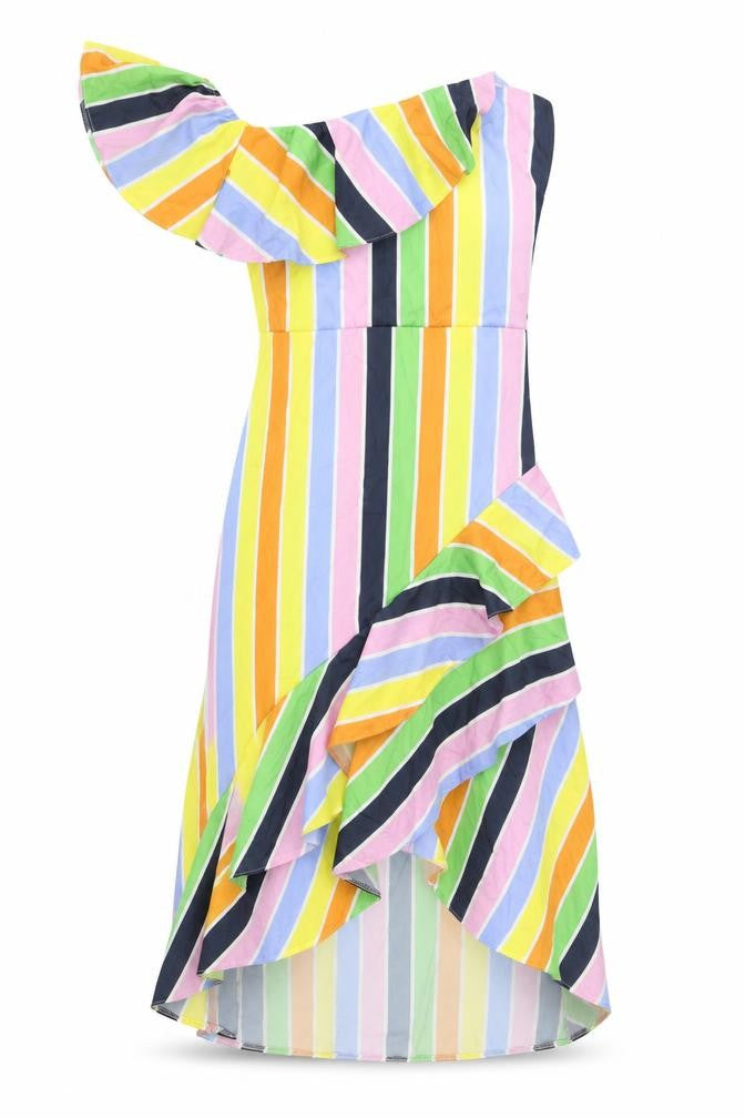 Front view of True Violet women’s multicoloured striped polyester a-line, size UK 10, one shoulder zip