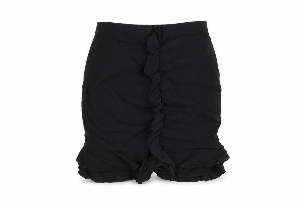 Front view of PRETTYLITTLETHING women’s black polyester mini skirt, size UK 10