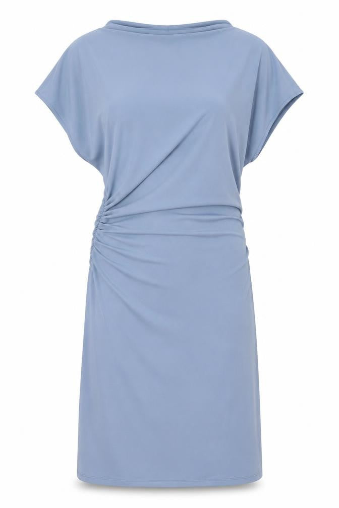 Front view of Marks & Spencer women’s blue polyester shift, size UK 14, boat neck pullover