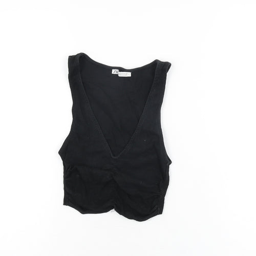 Zara Womens Black Polyester Cropped T-Shirt Size S V-Neck