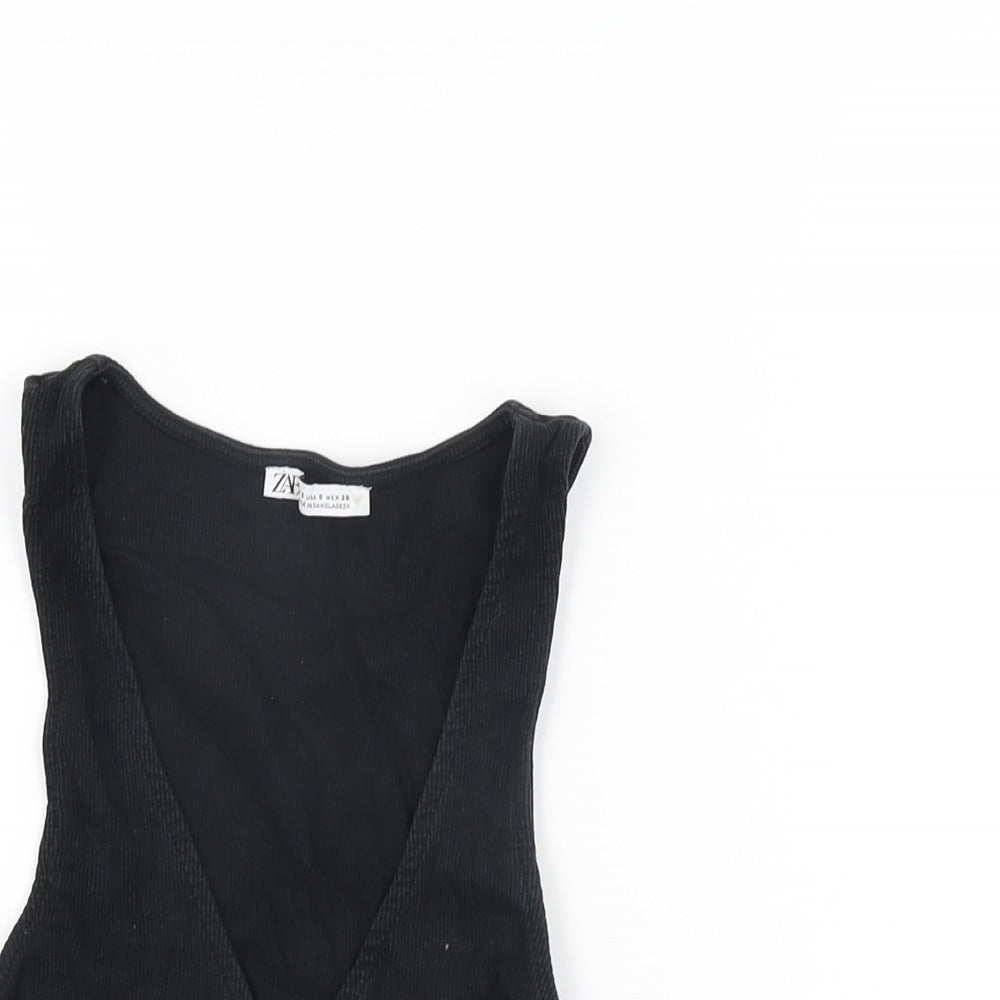 Zara Womens Black Polyester Cropped T-Shirt Size S V-Neck