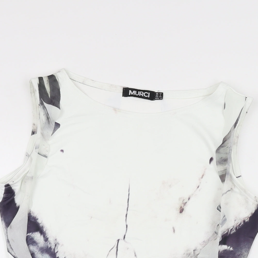 Murci Womens White Geometric Polyester Basic T-Shirt Size 10 Round Neck