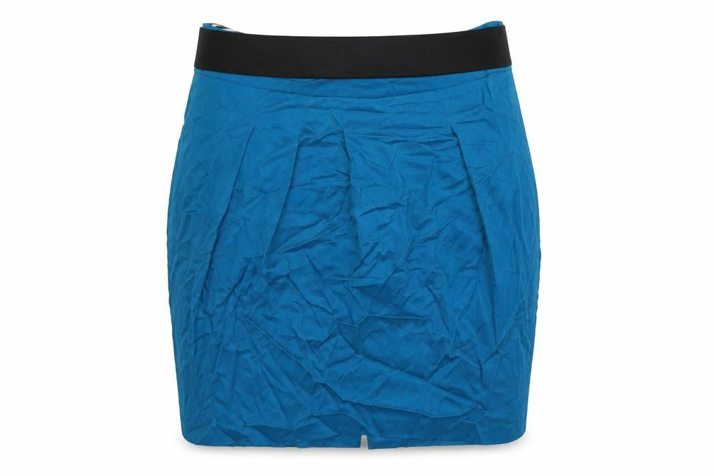 Front view of River Island women’s blue polyester mini skirt, size UK 8, zip