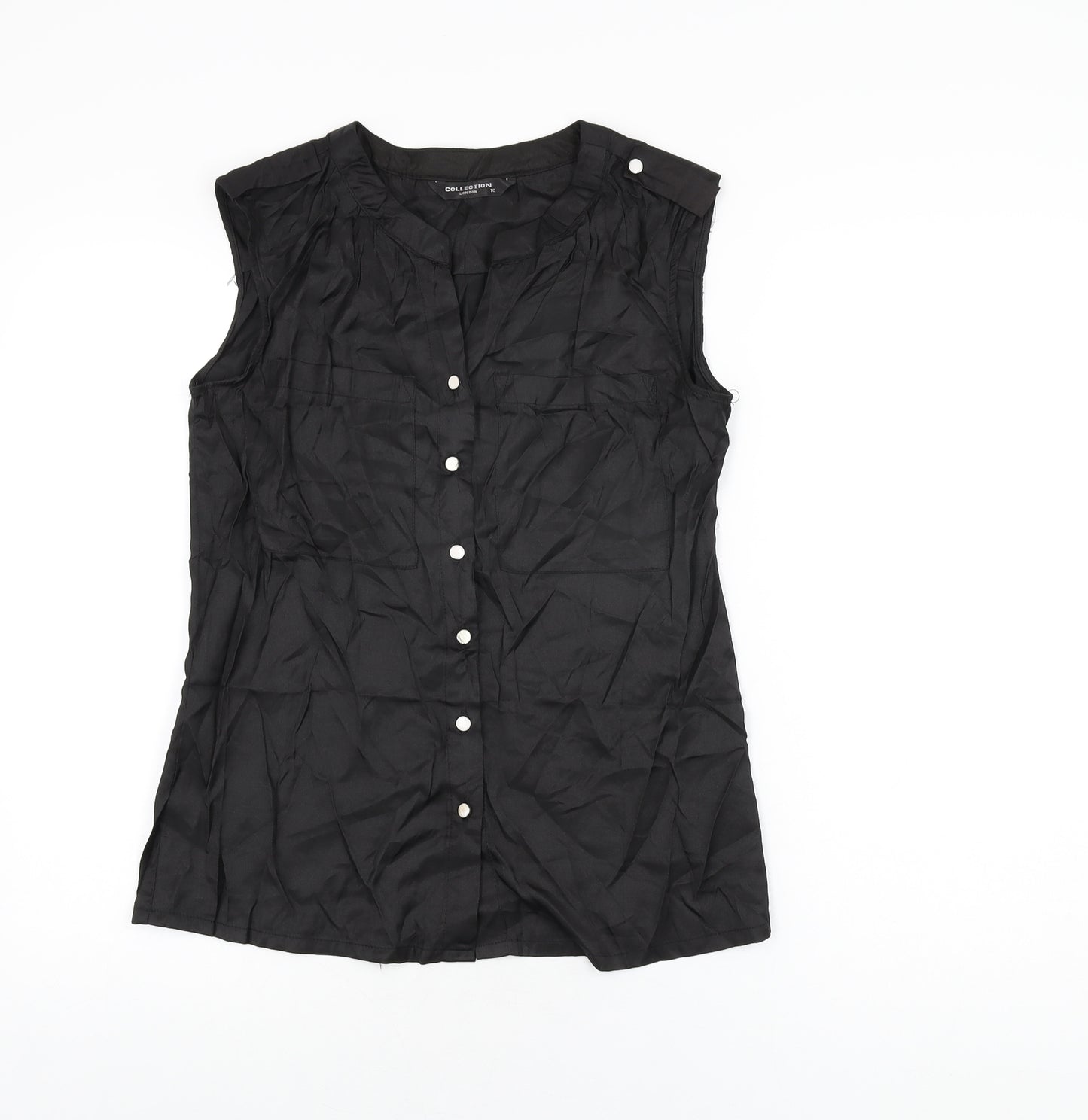 Collection London Womens Black Cotton Basic Button-Up Size 10 V-Neck