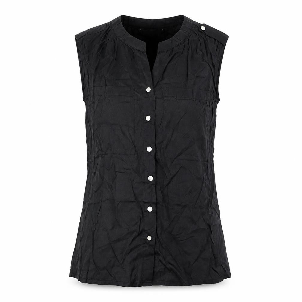 Front view of Collection London women’s black cotton basic button-up, size UK 10, v-neck