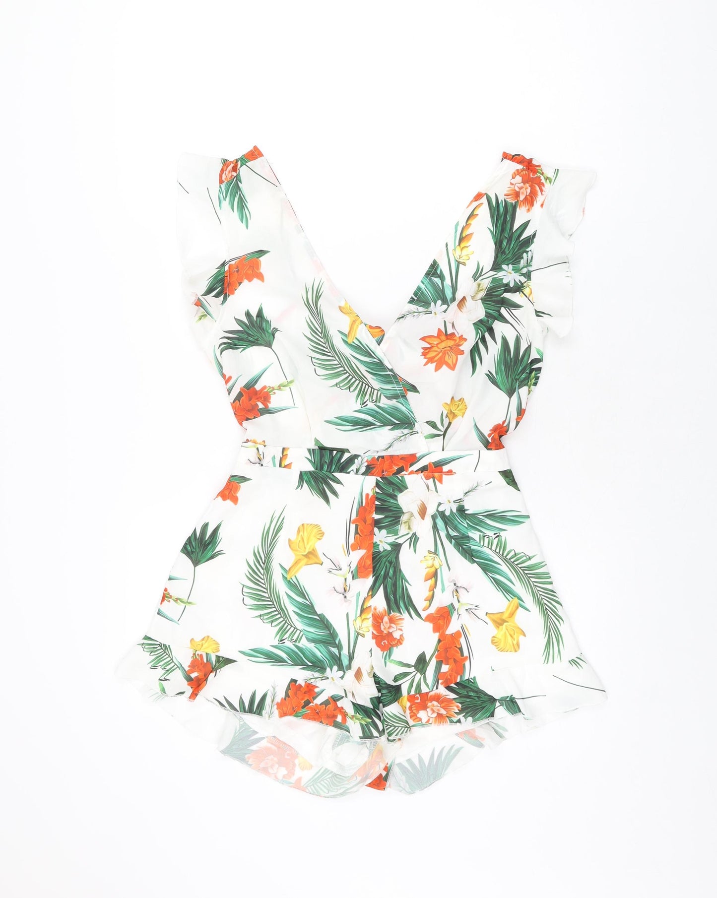PRETTYLITTLETHING Womens White Floral Polyester Playsuit One-Piece Size 10 L3 in Zip