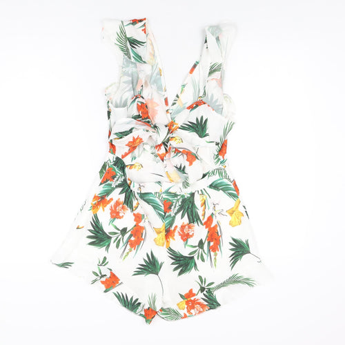 PRETTYLITTLETHING Womens White Floral Polyester Playsuit One-Piece Size 10 L3 in Zip