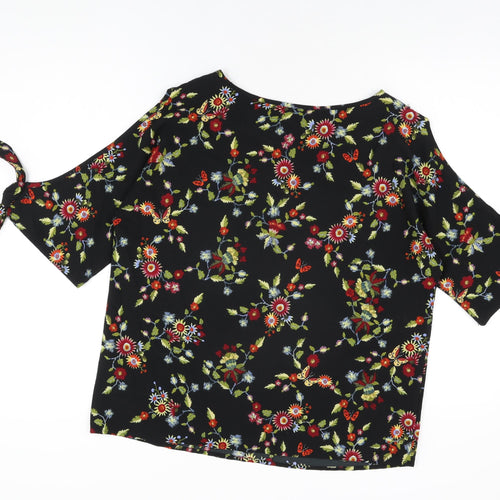 Marks and Spencer Womens Black Floral Polyester Basic T-Shirt Size 12 Round Neck
