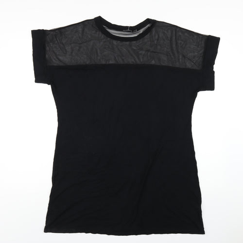 PRETTYLITTLETHING Womens Black Viscose T-Shirt Dress Size 16 Round Neck Pullover - Mesh Panel