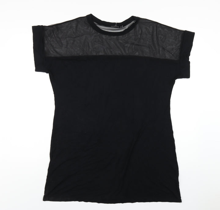 PRETTYLITTLETHING Womens Black Viscose T-Shirt Dress Size 16 Round Neck Pullover - Mesh Panel